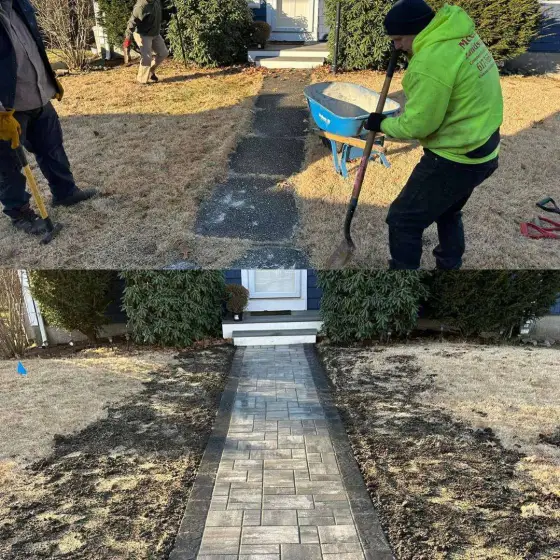 Walkway under construction and finished paver walkway